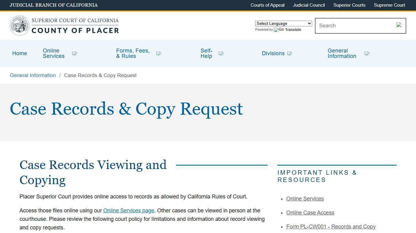 Case Records & Copy Request | Placer County Superior Court